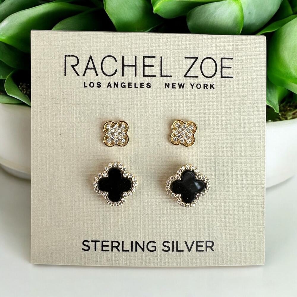 Rachel Zoe Clover Earrings 2-Piece Set | Black Enamel & Crystal | NWT